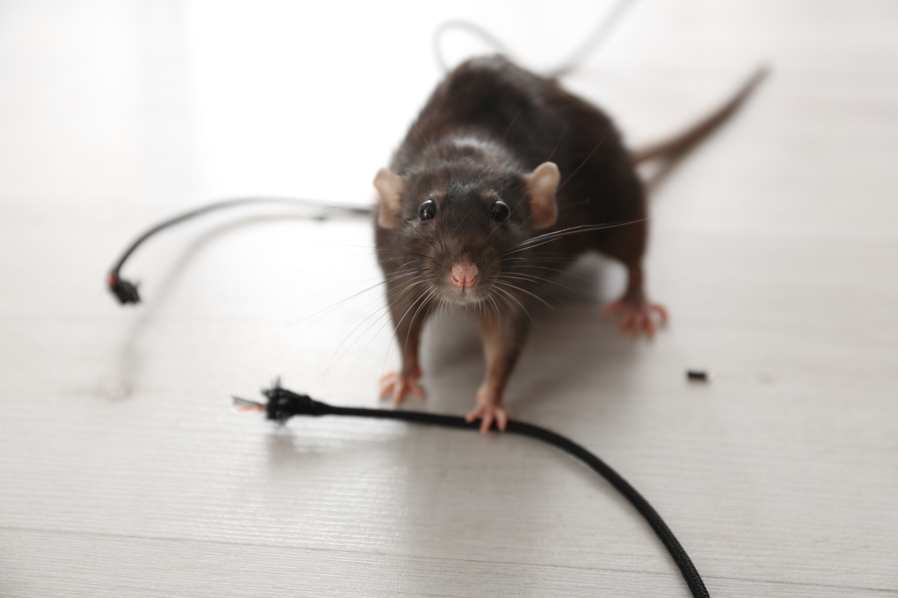 a rat with a chewed wire on the floor of a business in need of commercial rodent control services in Omaha, NE